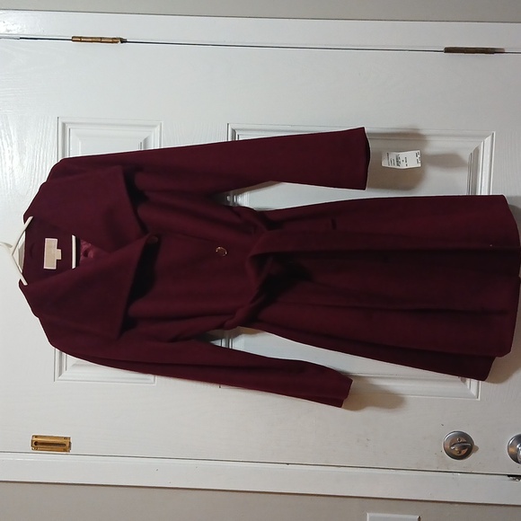 Michael Kors Jackets & Blazers - NWT Michael Kors Knee-length Burgundy Button/waist tie Peacoat. Size 10.